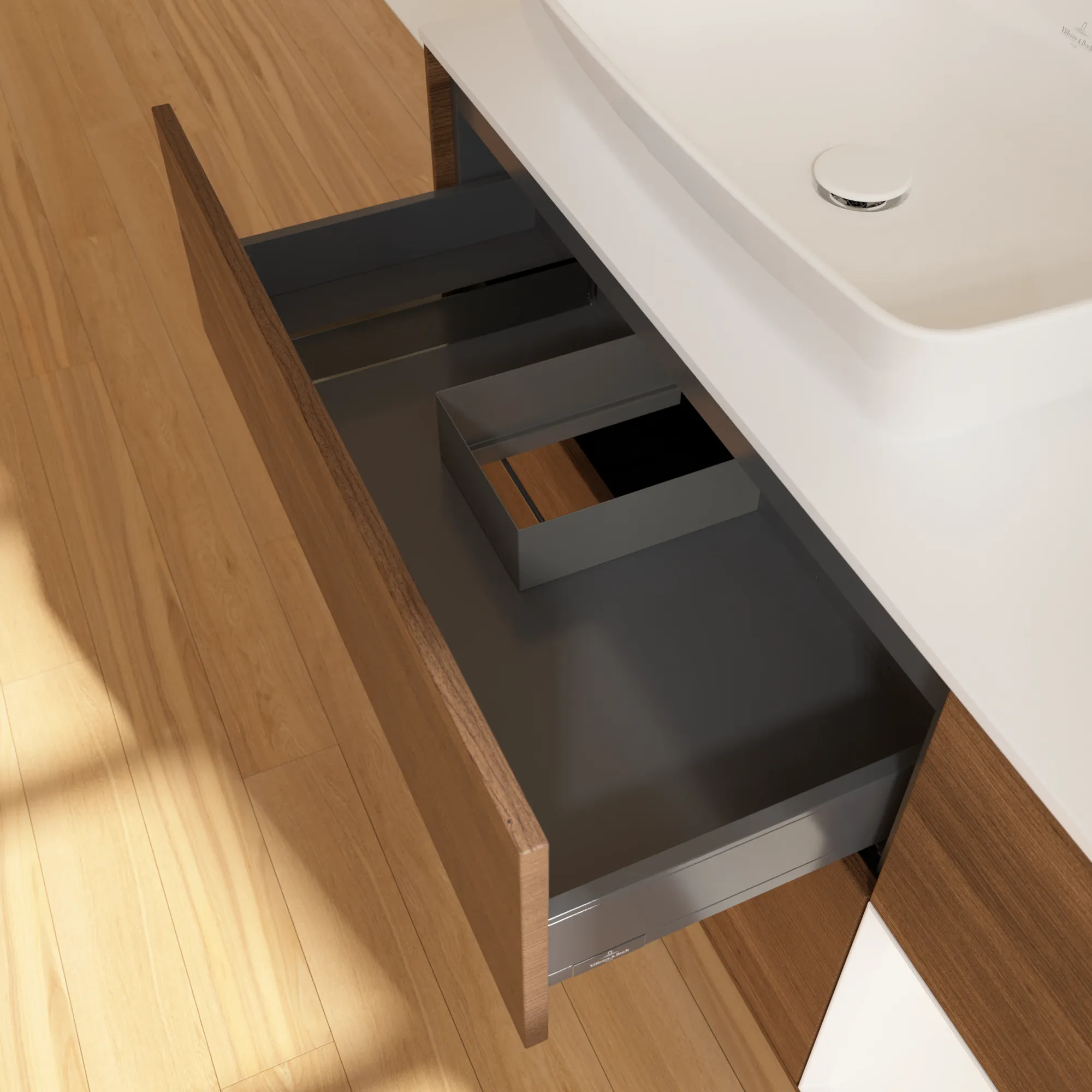 Villeroy & Boch Waschtischunterschrank „Finion“ für Schrankwaschtisch 1200 × 603 × 501 mm Walnut Veneer, für Becken links, mit Hahnlochbohrung Villeroy & Boch Waschtischunterschrank „Finion“ für Schrankwaschtisch 1200 × 603 × 501 mm Walnut Veneer, für Becken links, mit Hahnlochbohrung