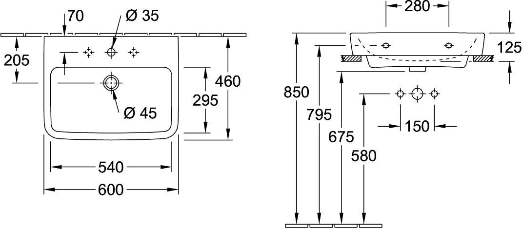 Villeroy & Boch Einbau-/Aufsatz Wandwaschtisch geschliffen „O.novo“ 600 × 460 × 175 mm, für Becken mittig, mit Hahnlochbohrung, Hahnlochposition mittig in Weiß Alpin