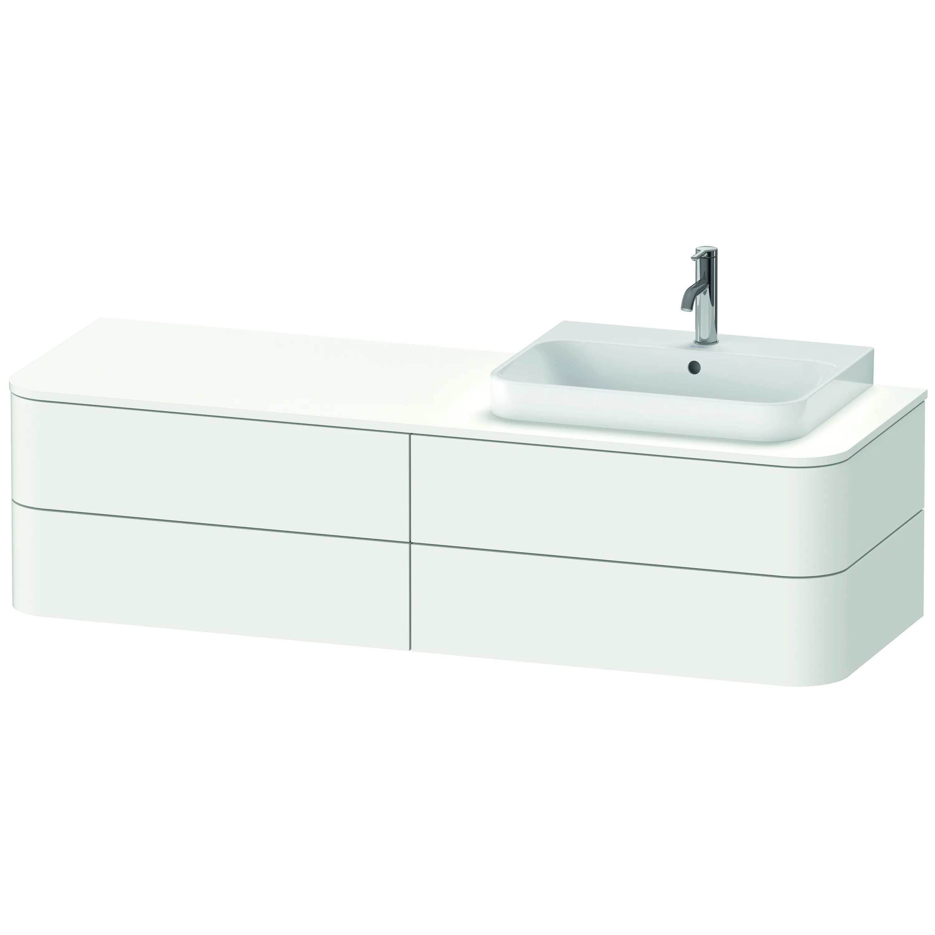 Duravit Waschtischunterschrank wandhängend „Happy D.2 Plus“ 160 × 40,8 × 55 cm Weiß Seidenmatt, rechts Becken: rechts / Beleuchtung: ohne / Front- & Korpusfarbe: Weiß Seidenmatt / Größe: 160 × 55 × 40,8 cm / Oberfläche: Lack / Schubladen: 4