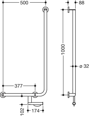 Winkelgriff mit Papierrollenhalter des Systems 900, Edelstahl, PVD, waagerechte Länge 500 mm, senkrechte Länge 1000 mm, D: 32 mm, Ausführung links, in Farbe CK (Messing glänzend) Winkelgriff mit Papierrollenhalter des Systems 900, Edelstahl, PVD, waagerechte Länge 500 mm, senkrechte Länge 1000 mm, D: 32 mm, Ausführung links, in Farbe CK (Messing glänzend)