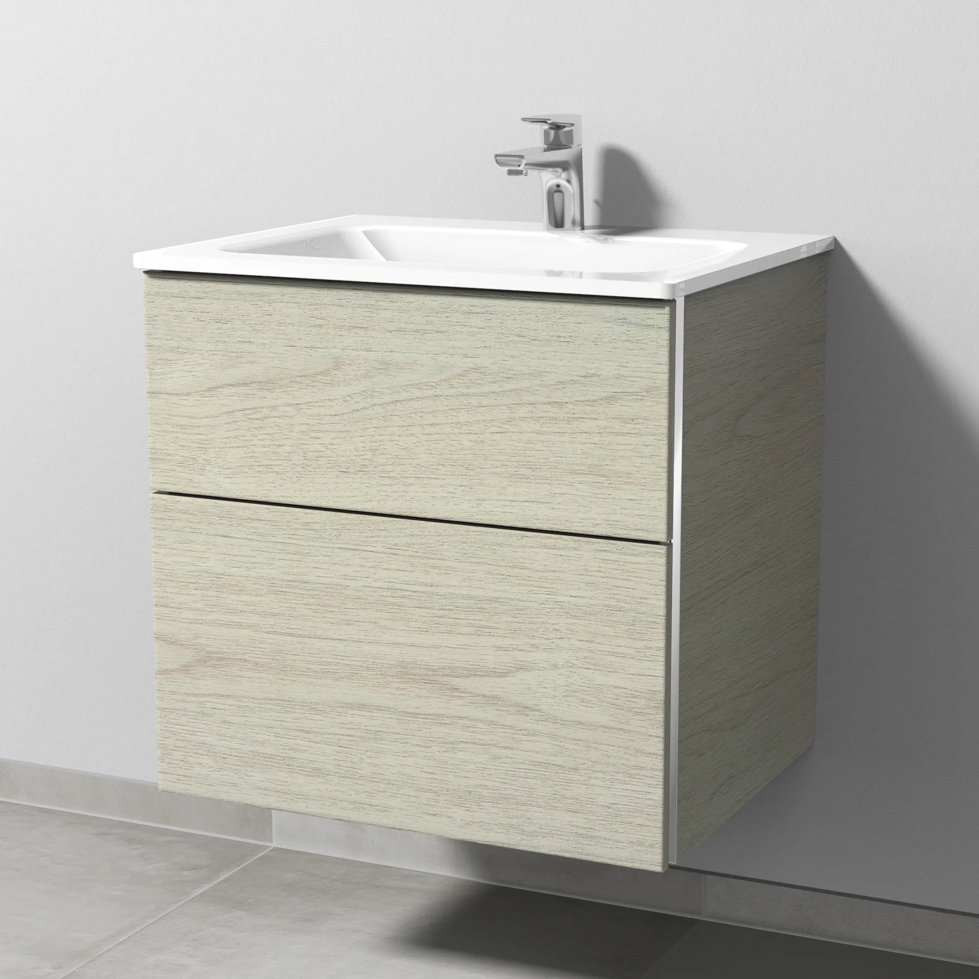 Sanipa Glas-Waschtisch-Waschtischunterschrank mit Waschtischunterschrank „3way“ 600 × 582 × 487 mm in White Oak, mit Hahnlochbohrung