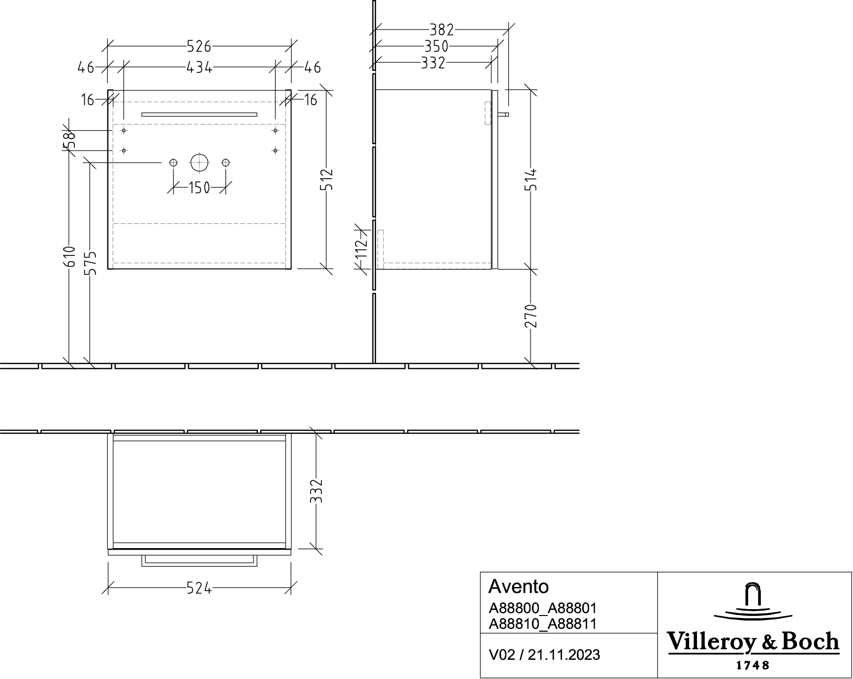 Villeroy & Boch Avento Unterschrank für Unterbauwaschbecken 526x514mm Volcano Black