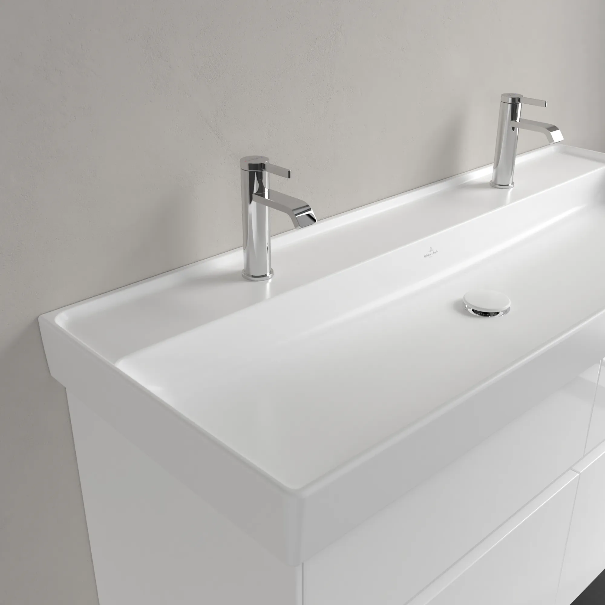 Villeroy & Boch Schrankwaschtisch aus TitanCeram „Collaro“ 1200 × 470 × 160 mm, Hahnlochposition links und rechts, mit Hahnlochbohrung in Stone White Villeroy & Boch Schrankwaschtisch aus TitanCeram „Collaro“ 1200 × 470 × 160 mm, Hahnlochposition links und rechts, mit Hahnlochbohrung in Stone White