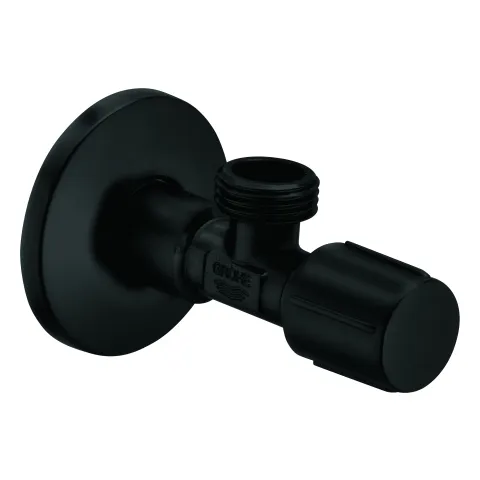 Eckventil 10234, Wandanschluss 1/2″, Abgang 1/2″, langer Schubschaft, ergonomischer Metallgriff, Markierung neutral, Schubrosette 55mm, matt black Eckventil 10234, Wandanschluss 1/2″, Abgang 1/2″, langer Schubschaft, ergonomischer Metallgriff, Markierung neutral, Schubrosette 55mm, matt black