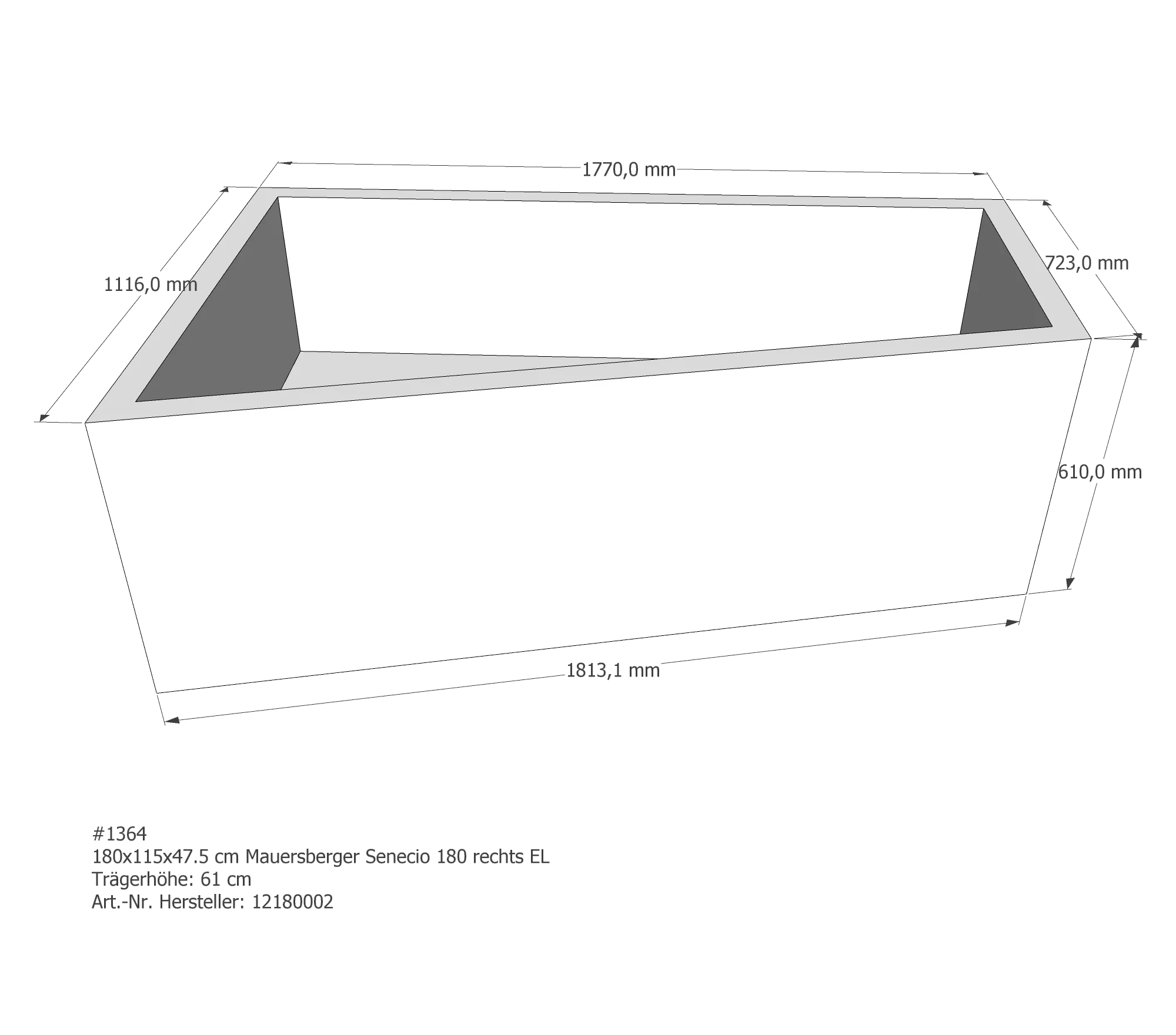 Badewannenträger für Mauersberger Senecio 180 rechts rechts 180 × 115 × 47,5 cm