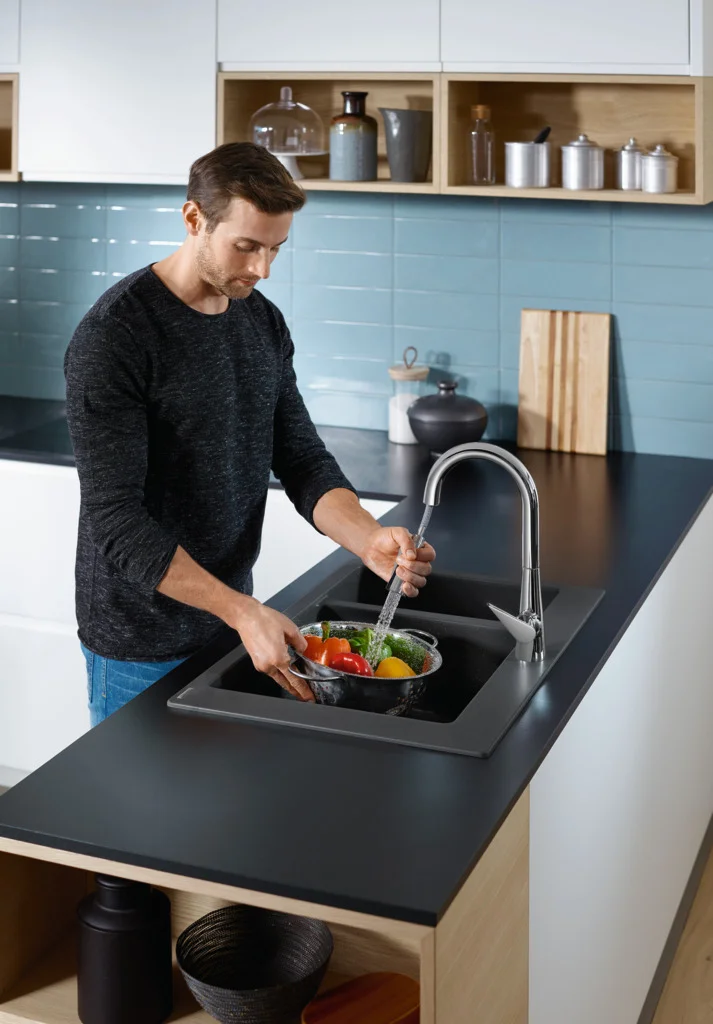 Hansgrohe Einbauspüle S51 Serie, Steingrau, 750 x 490 mm Ausschnitt, 80 cm Unterschrank, Aufbau, 1 Hauptbecken + 1 Zusatzbecken