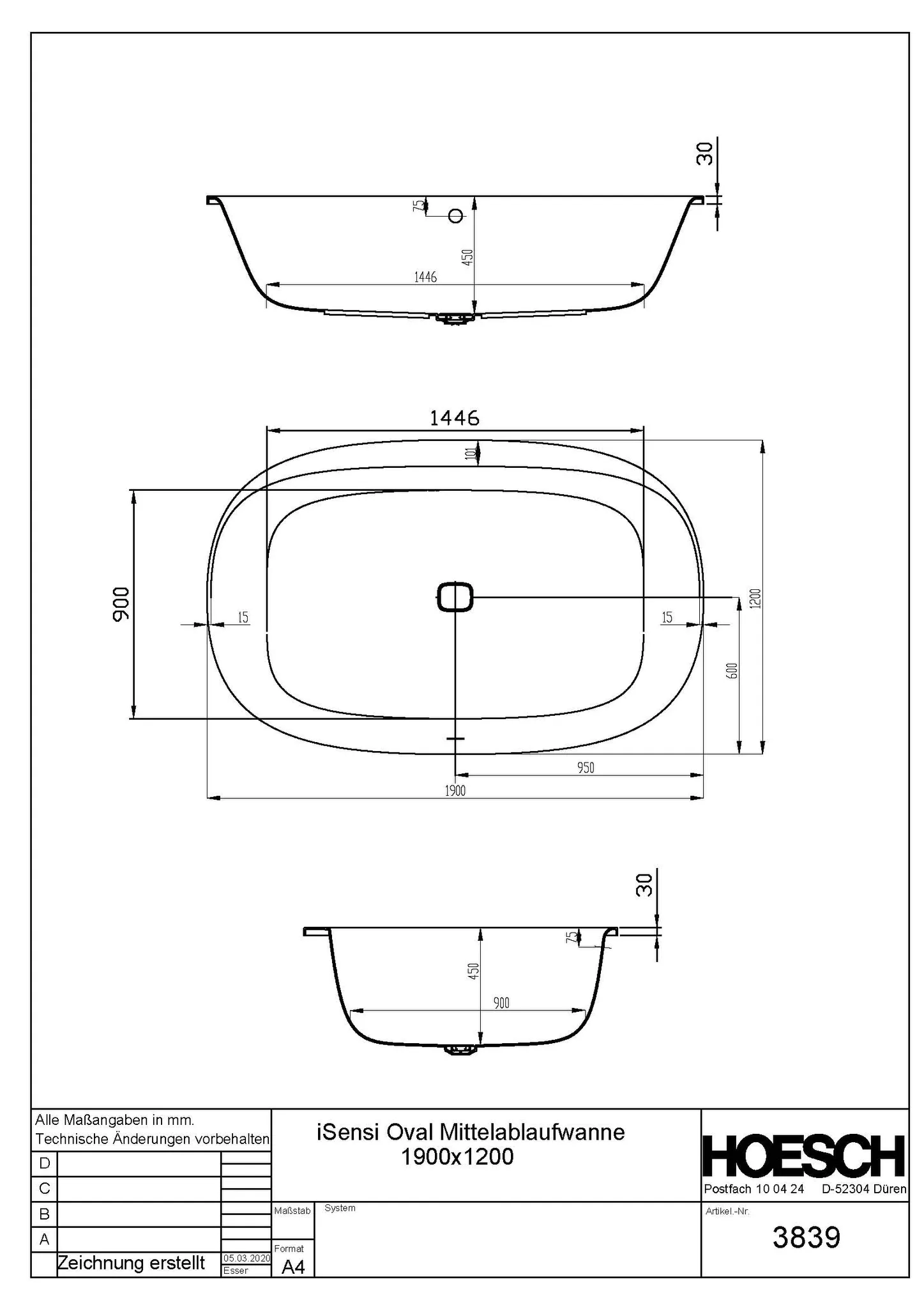 Hoesch Badewanne „iSensi“ oval 1900 × 1200 mm in Weiß
