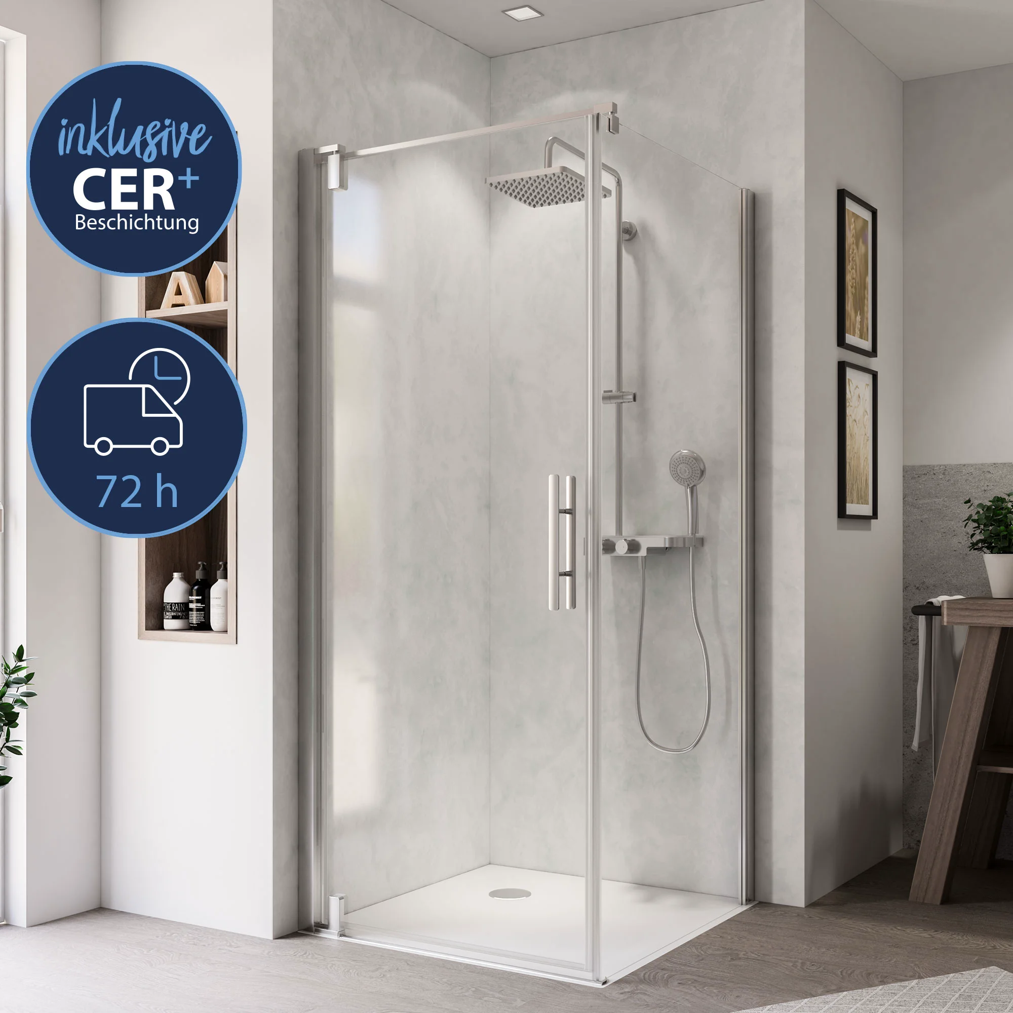 Breuer QUICK 72 Europa Design Drehtür für Seitenwand, Anschlag links, 900 mm, alu chromeffekt, 8 mm Sicherheitsglas mit CER+ Beschichtung