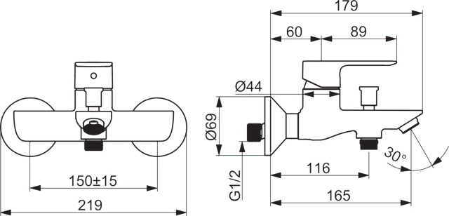 EHM Wannenfüll- und Brausebatterie BASIC 5544 Ausladung 165 mm DN15 Chrom