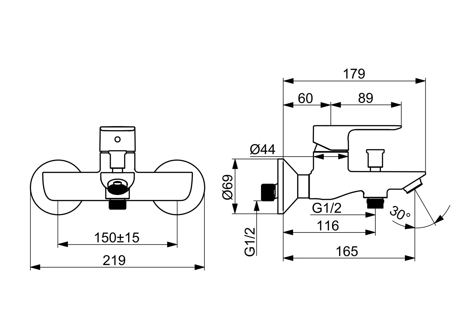 HansaBASIC EHM Wannenfüll- und Brausebatterie 5544 Ausladung 165 mm DN15 Chrom
