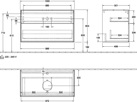 Villeroy & Boch Waschtischunterschrank „Finion“ für Schrankwaschtisch 100 × 60,3 × 50,1 cm 2 Schubladen, für Waschtischposition mittig mittig