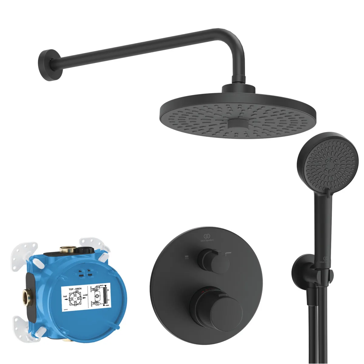 Armaturen-Paket, Badethermostat Unterputz Bausatz 2 für Fertigmontage, Wandanschlussbogen Unterputz, Brauseschlauch, Wandanschluss, Regenbrause, Handbrause, Unterputz-Bausatz 1 Easy-Box Chrom