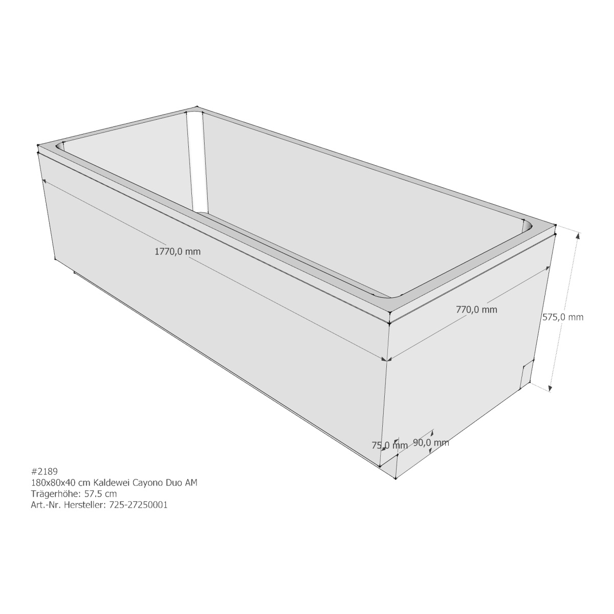 Kaldewei Badewanne „Cayono Duo“ 180 × 80 cm, ohne Grifflochbohrungen mit Wannenträger als Set