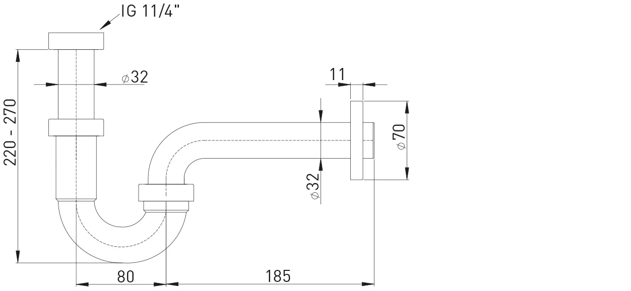 Röhrengeruchverschluss 1 1/4″ x 32 mm ABS vc, Rändelmuttern vc,Abgangsr. 185mm