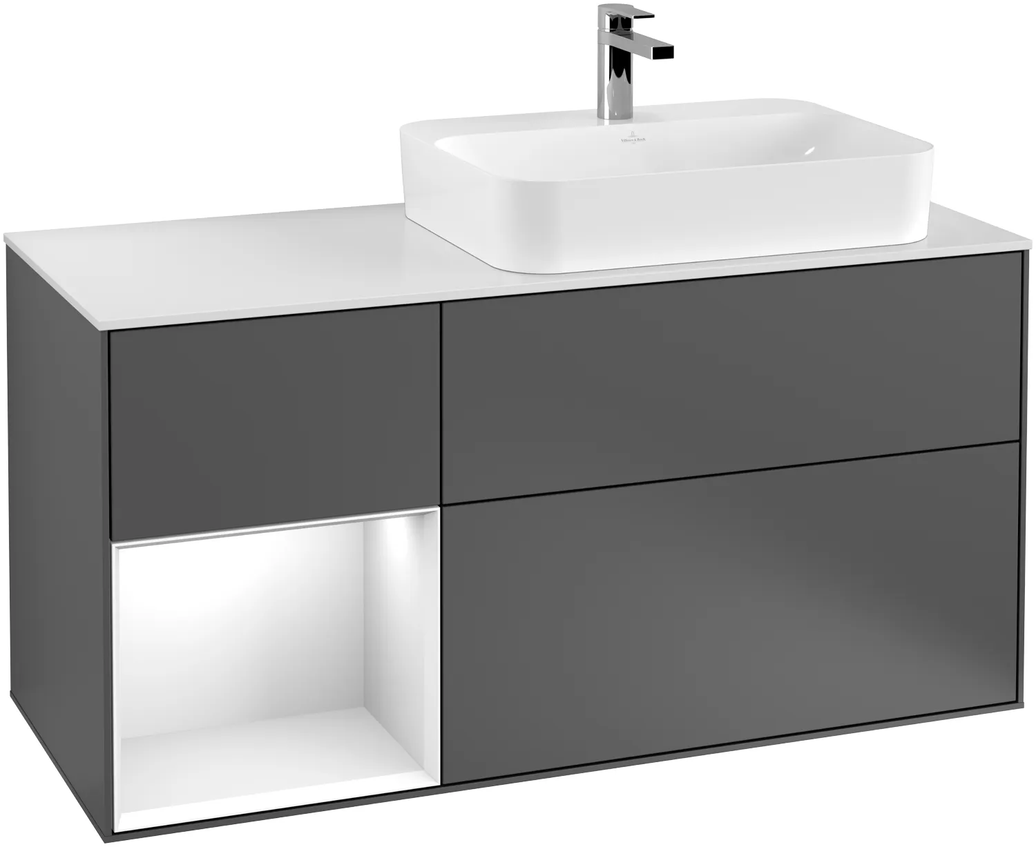 Villeroy & Boch Waschtischunterschrank „Finion“ für Schrankwaschtisch 120 × 60,3 × 50,1 cm 3 Schubladen, für Waschtischposition rechts, inkl. Beleuchtung rechts