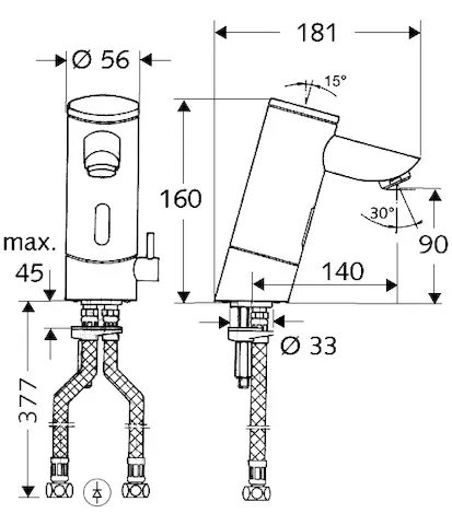 Waschtisch-Armatur PURIS E, Elektronisch, HD-M - Hochdruck Mischwasser, Infrarot, Steckernetzteil 9 VDC, 100 - 240 VAC, 50 - 60 Hz, 2x G 3/8 IG, chrom