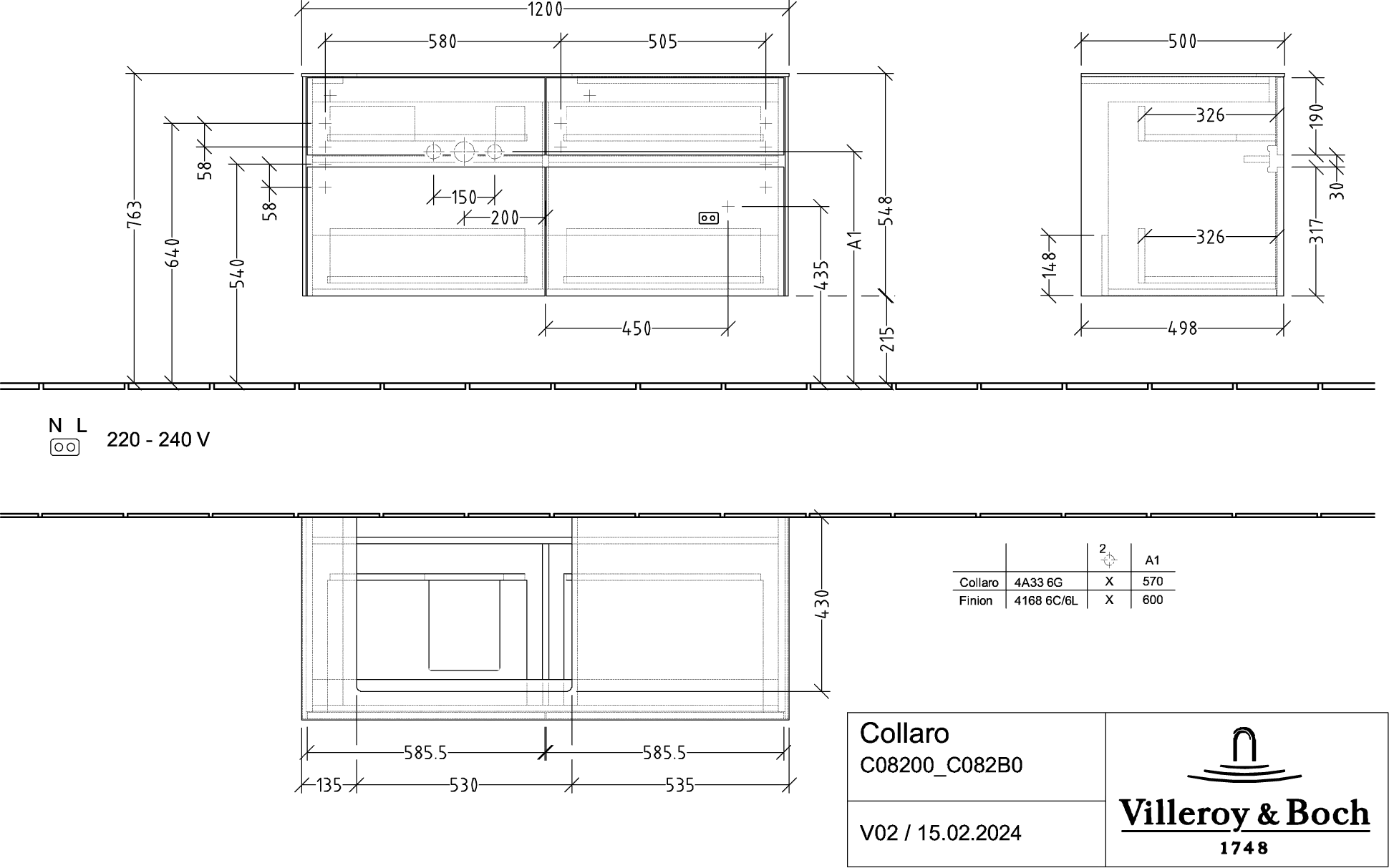 Villeroy & Boch Collaro Waschbeckenunterschrank C082B0, 1200 x 548 x 500 mm, links, mit LED-Beleuchtung