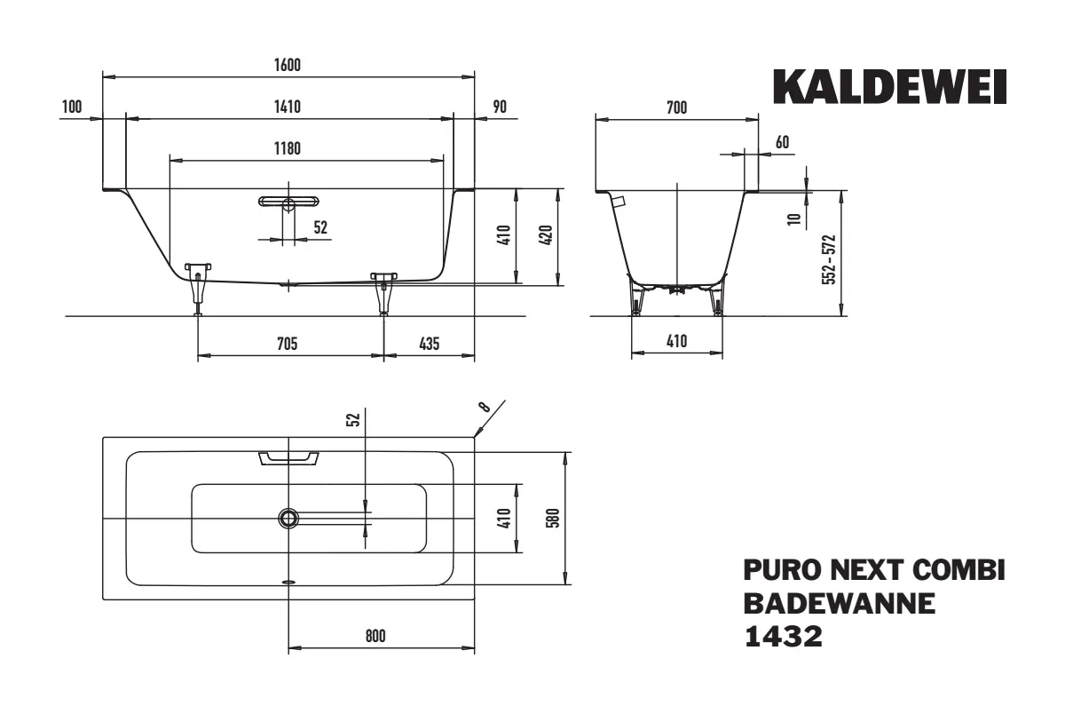 Kaldewei Badewanne „Puro Next Combi“ rechteck 1600 × 700 mm mit Überlaufbohrung, in alpinweiß