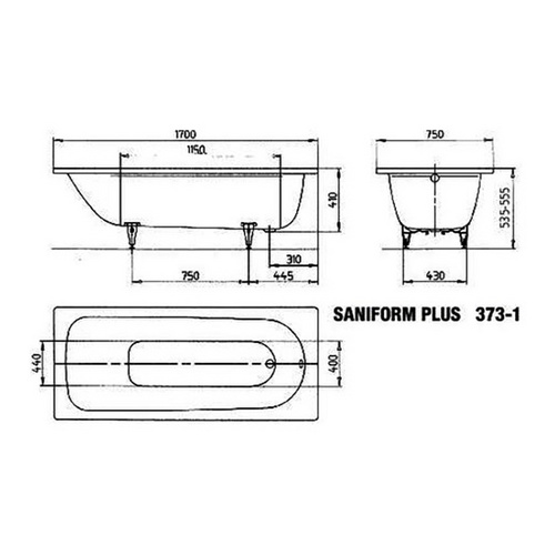 Kaldewei Badewanne SANIFORM PLUS 373-1 170x75 cm Set mit Träger und Ablauf 