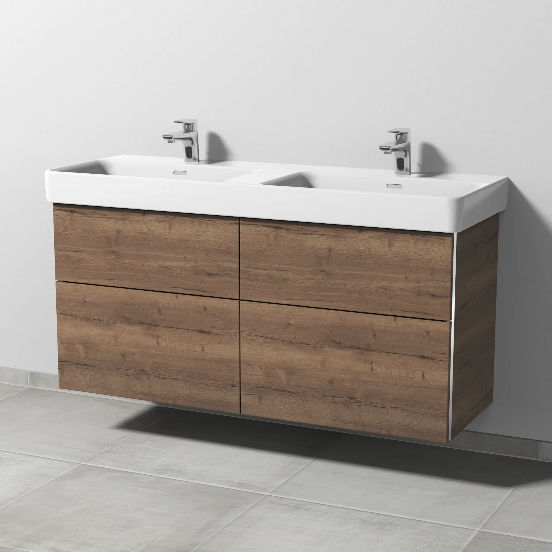 Sanipa Waschtischunterschrank „3way“ passend zu Keramik-Waschtische Pro S von Laufen 1250 × 593 × 437 mm in Eiche Tabak, mit Hahnlochbohrung, Becken