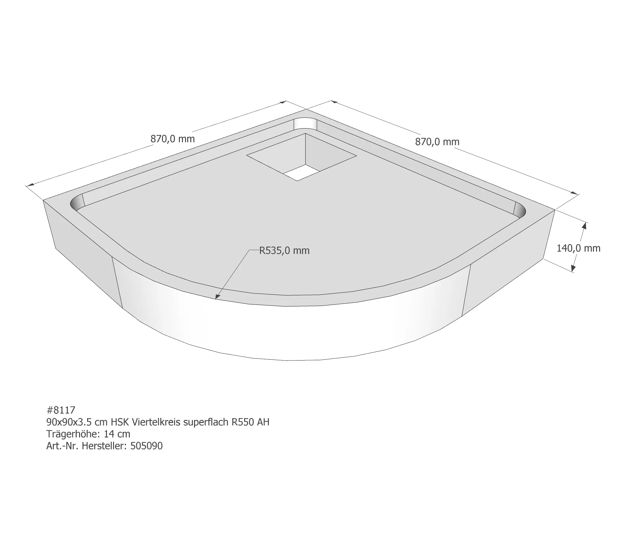 Duschwannenträger für HSK Viertelkreis superflach 90 × 90 × 2 cm
