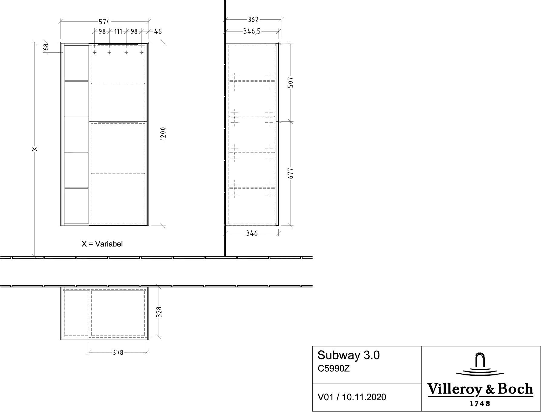 Villeroy & Boch Subway 3.0 Mittelschrank C59902, 574x1200x362mm, Marine Blue