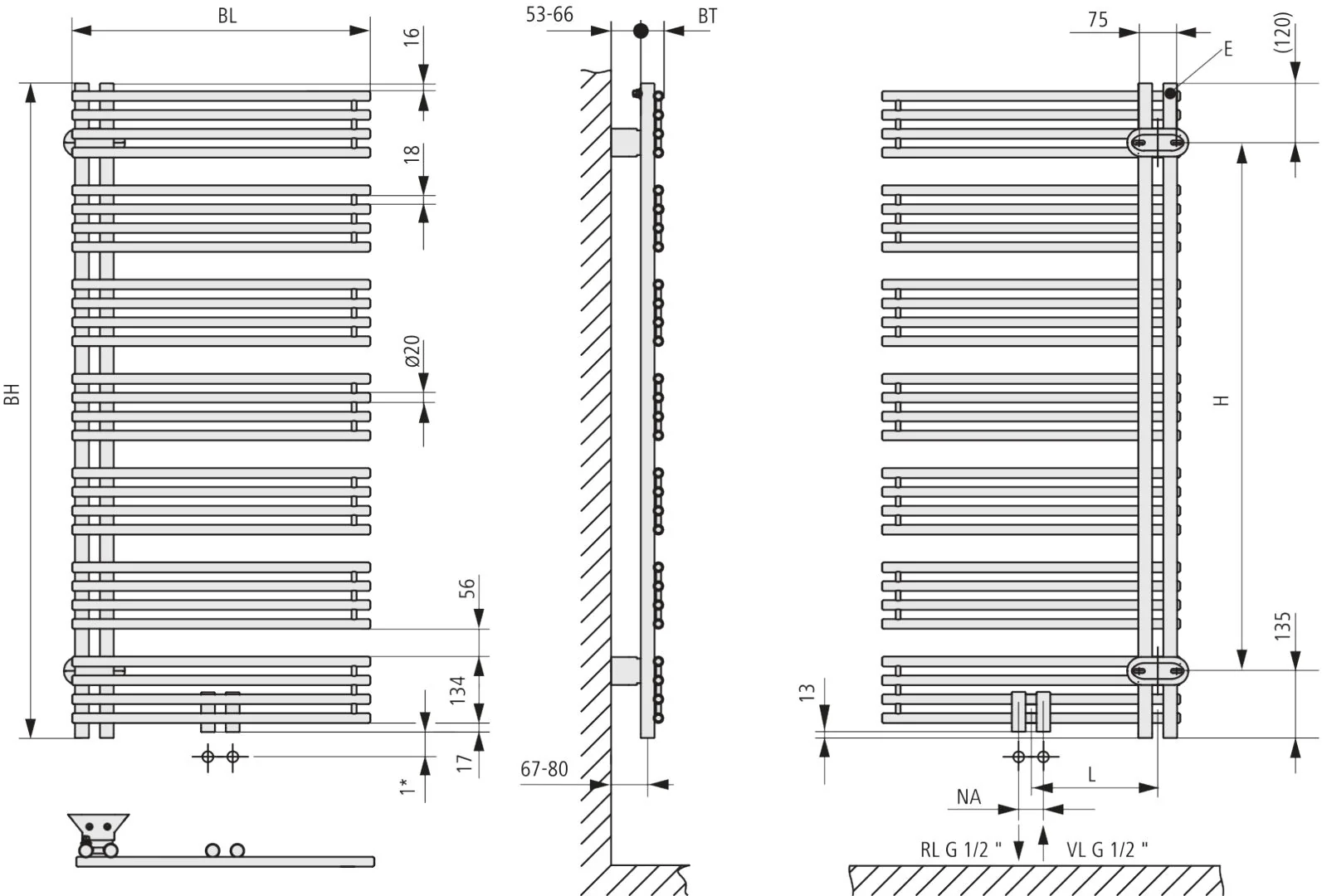 Kermi Design-Heizkörper „Diveo®“ 60 × 132 cm in Graphit Metallic