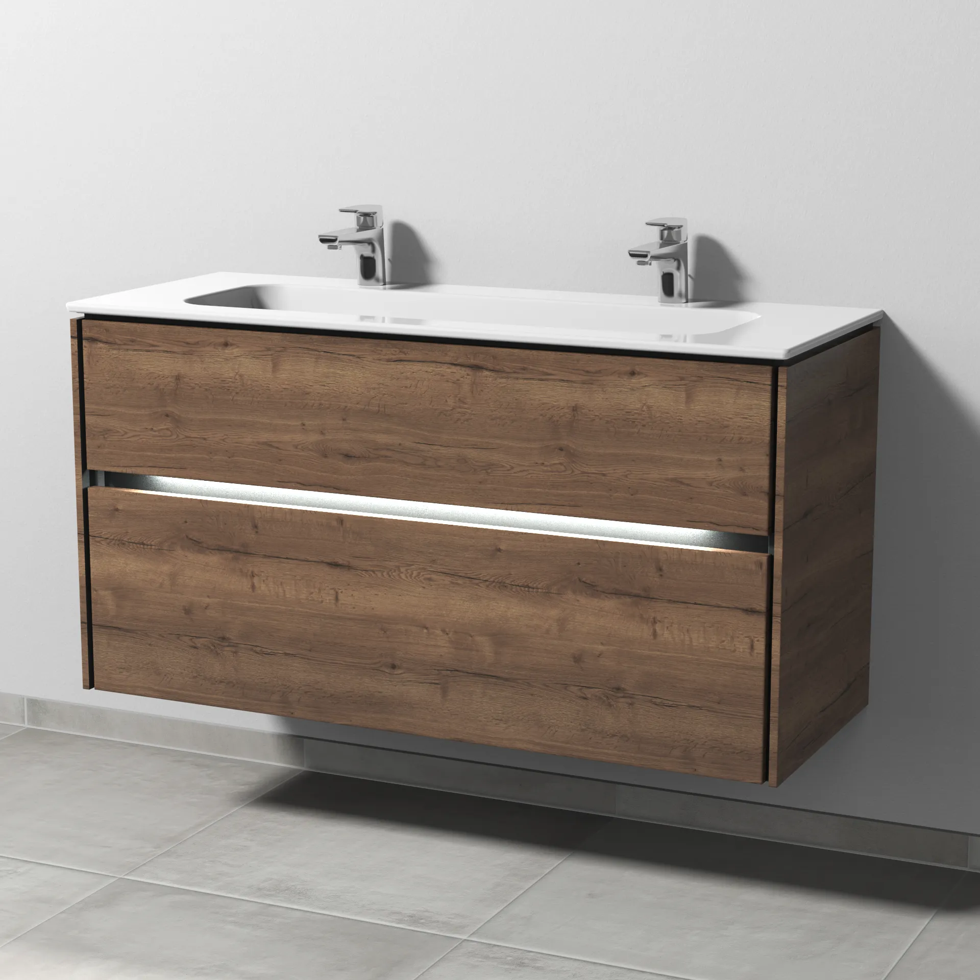 Keramik-Waschtisch-Set mit Waschtischunterschrank „Twiga“ 119 × 46 × 61 cm in Eiche Tabak, mit Hahnlochbohrung, mit Beleuchtung