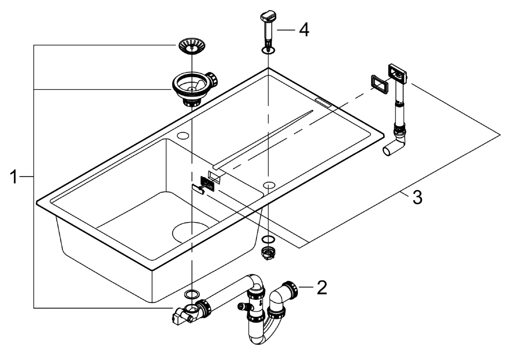 Kompositspüle K400 31641, mit Abtropffläche, Modell: K400 60-C 100/50 1.0 rev, Montageart: Standard-Einbauspüle, Maße: 1000 x 500 mm, 1 Becken: 480 x 420 x 205 mm, granit schwarz