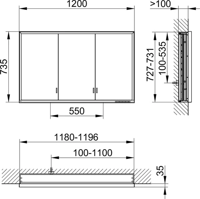 KEUCO Wandeinbau Spiegelschrank mit verdecktem Ablagefach „Royal Lumos“ in Silber (eloxiert), Unterputz, mit Steckdosen, ohne Spiegelheizung 1200 × 735 × 130 mm
