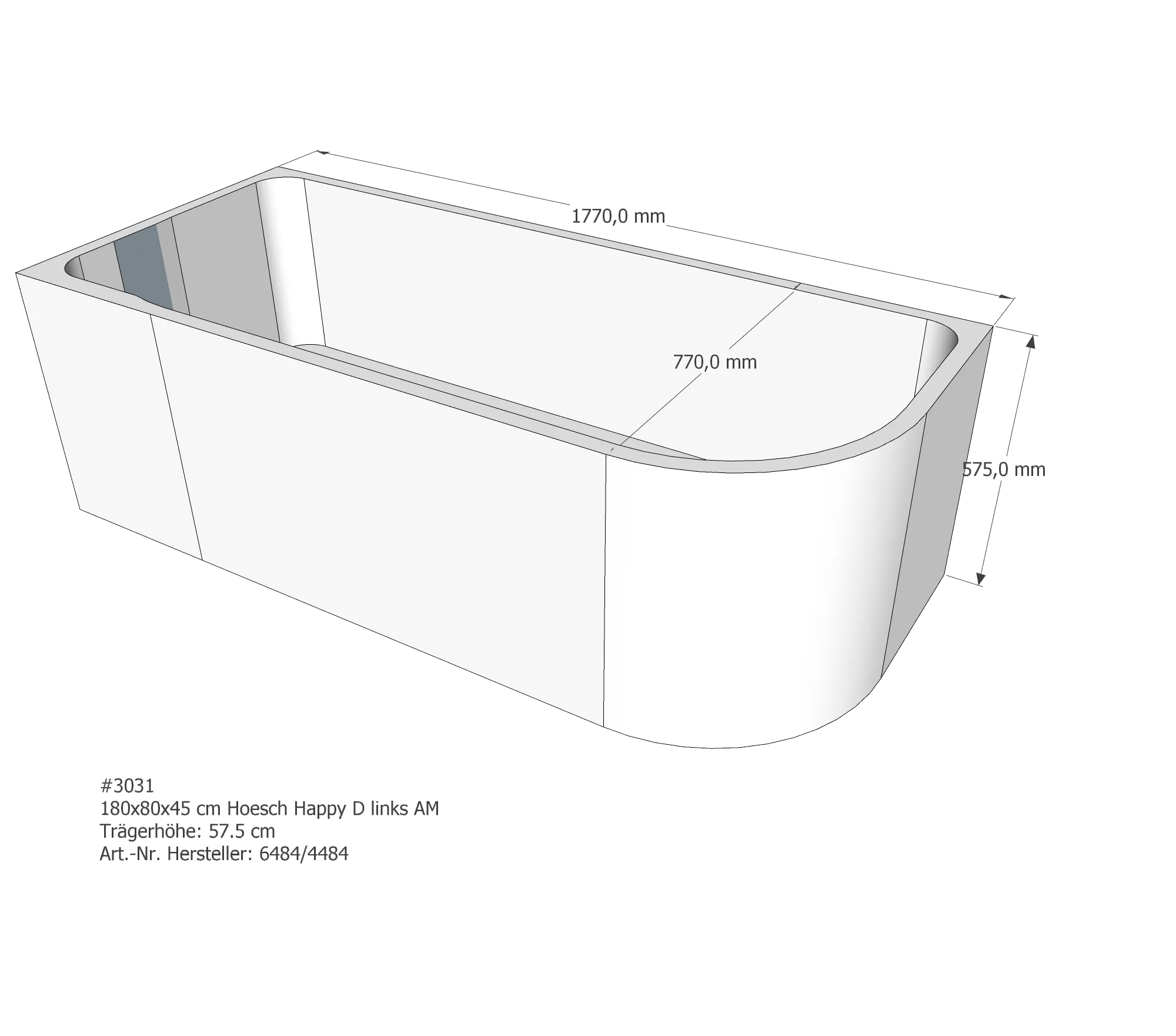 Badewannenträger passend für Hoesch Happy D links 180 × 80 × 45 cm