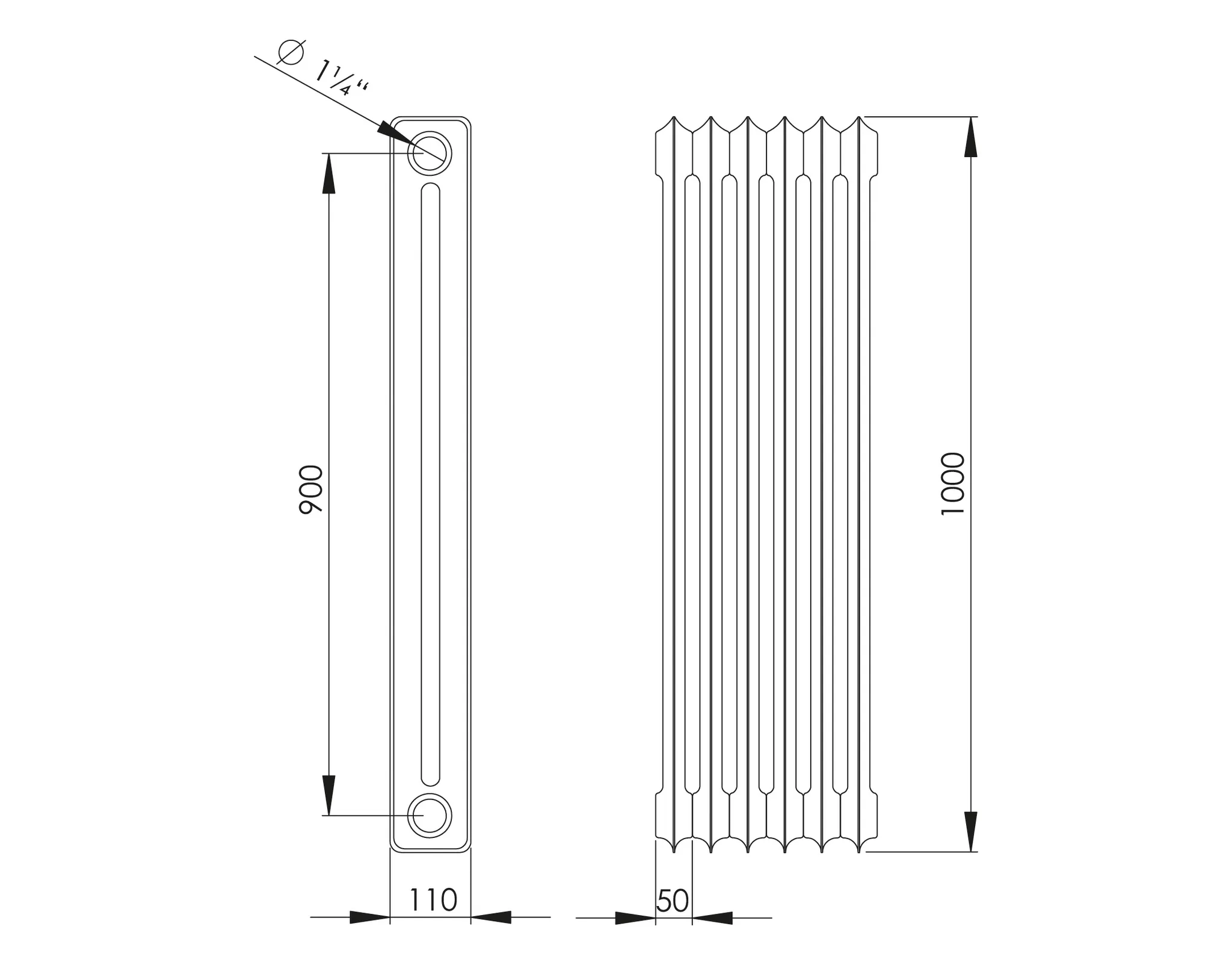ASW Stahlradiator pulverbeschichtet 5 Glieder Nabenabstand 900 mm „HG-TEC“ 100 × 22 cm