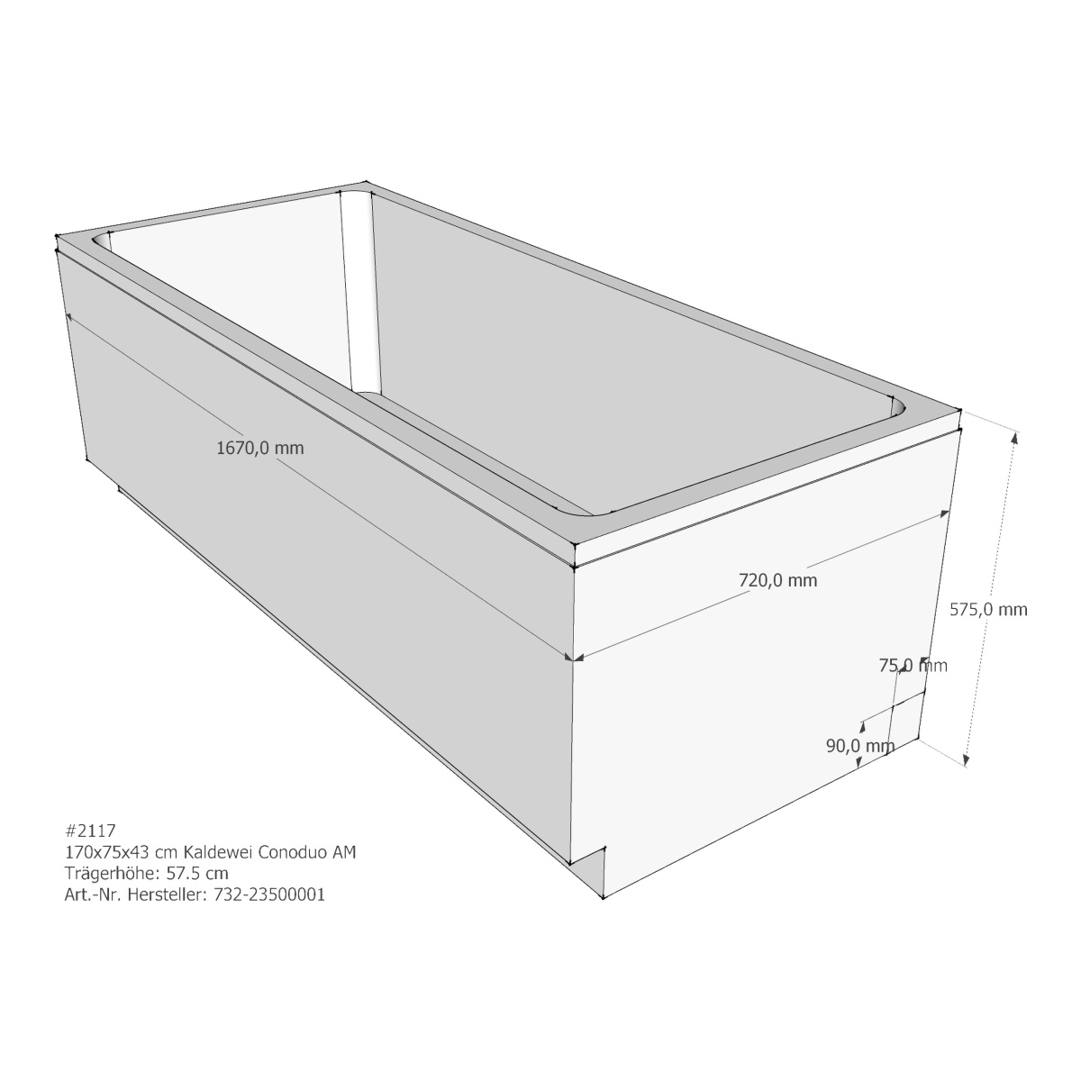 Set-Badewanne Conoduo Badewanne 170 × 75 cm mit Perl-Effekt inklusive Träger und Ablauf mit emaillierter Abdeckung in weiß