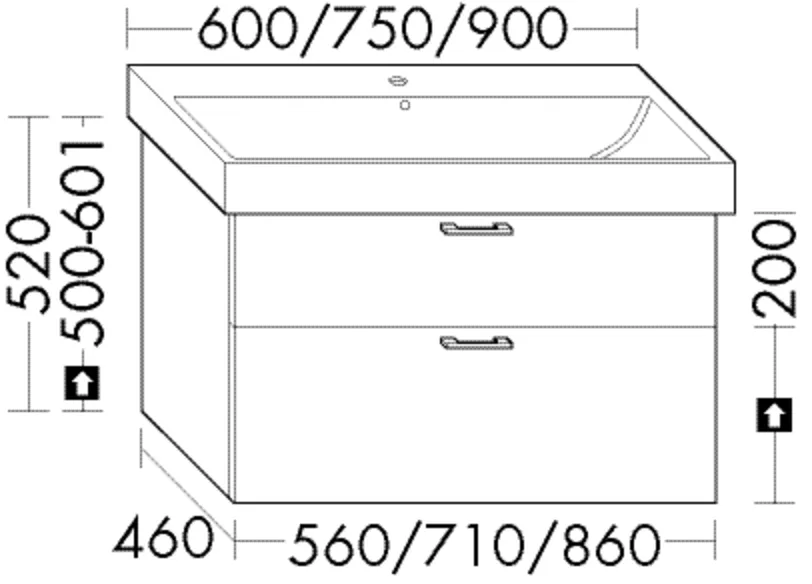 Waschtischunterschrank Sys30 von burgbad – 460 x 560 x 520 mm, 1 Schublade oben (300 mm tief), 1 Auszug unten (350 mm tief)