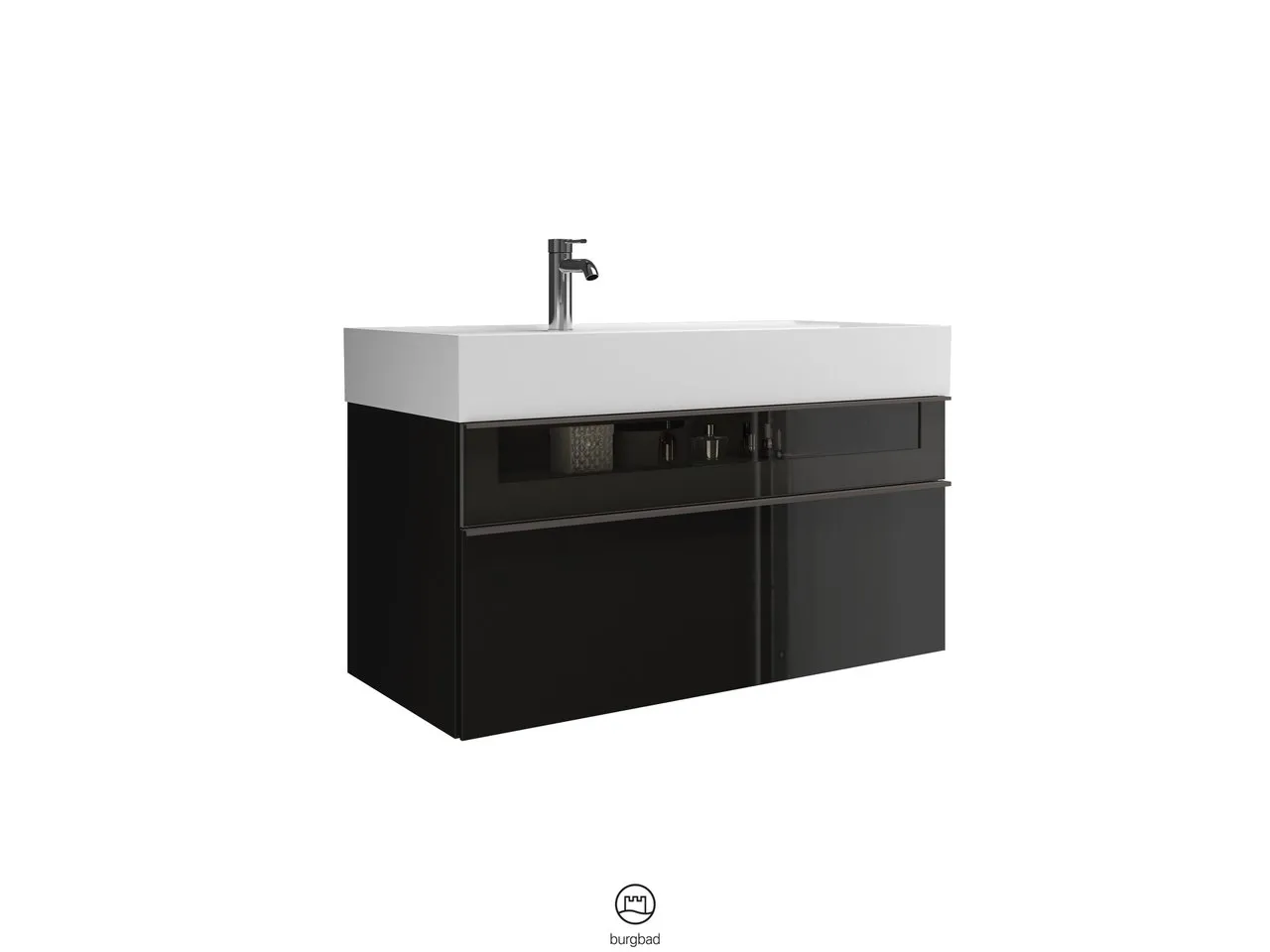 Mi-Waschtisch inkl. WTU Yumo von burgbad – Mineralguss, 470x1015x610 mm, 1 Schublade, 1 Auszug, Rauchglaseinsatz Mi-Waschtisch inkl. WTU Yumo von burgbad – Mineralguss, 470x1015x610 mm, 1 Schublade, 1 Auszug, Rauchglaseinsatz