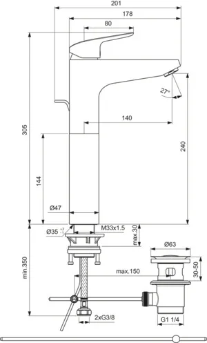Waschtischarmatur Ceraflex mit Ablaufgarnitur verlängerter Sockel Ausladung 140mm Chrom Waschtischarmatur Ceraflex mit Ablaufgarnitur verlängerter Sockel Ausladung 140mm Chrom