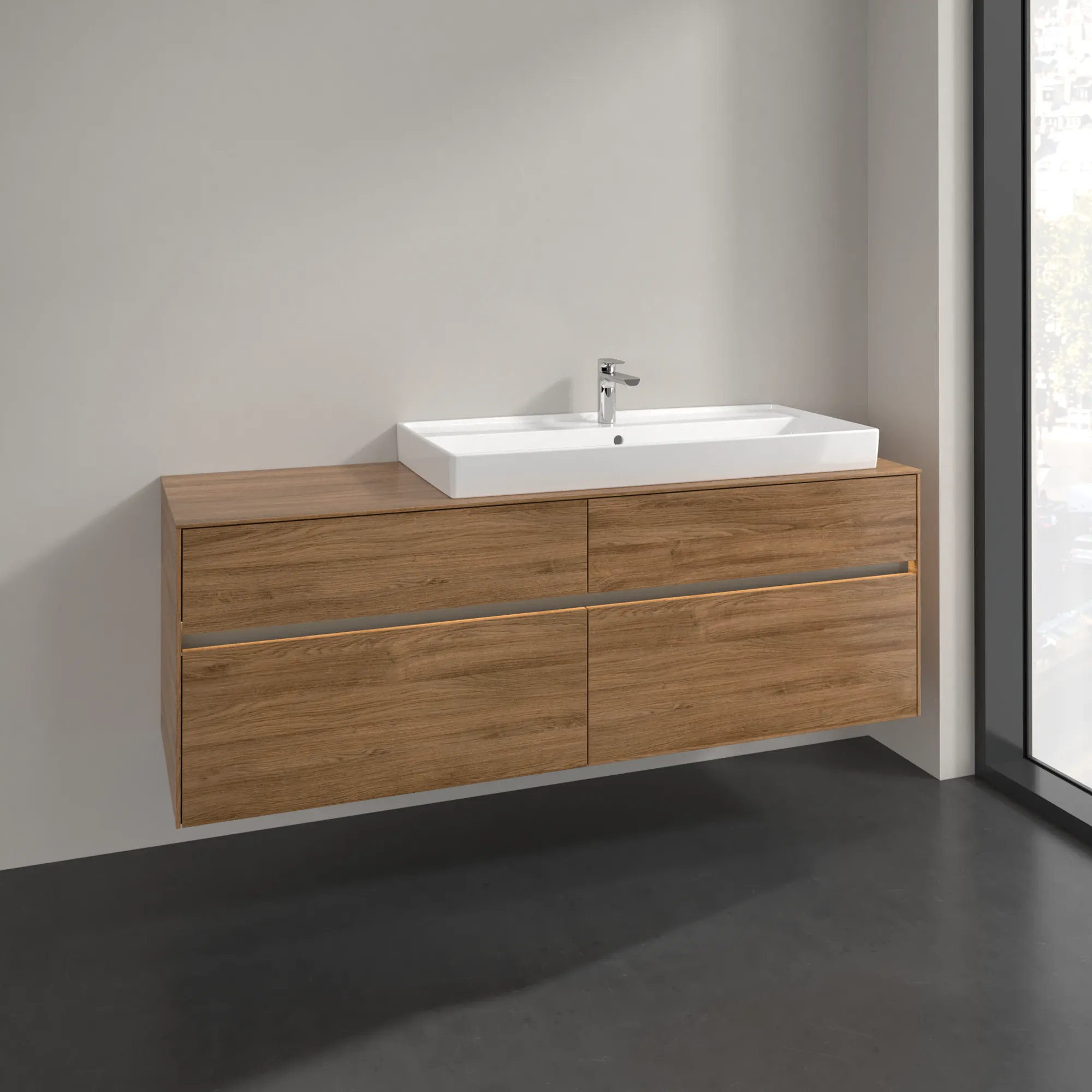 Villeroy & Boch Waschtischunterschrank „Collaro“ 1600 × 548 × 500 mm Kansas Oak, mit Beleuchtung, für Becken rechts