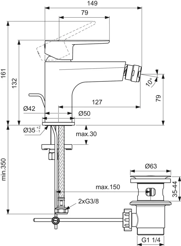 Bidetarmatur Cerafine O, mit Ablaufgarnitur, Ausladung 132mm, Chrom Bidetarmatur Cerafine O, mit Ablaufgarnitur, Ausladung 132mm, Chrom