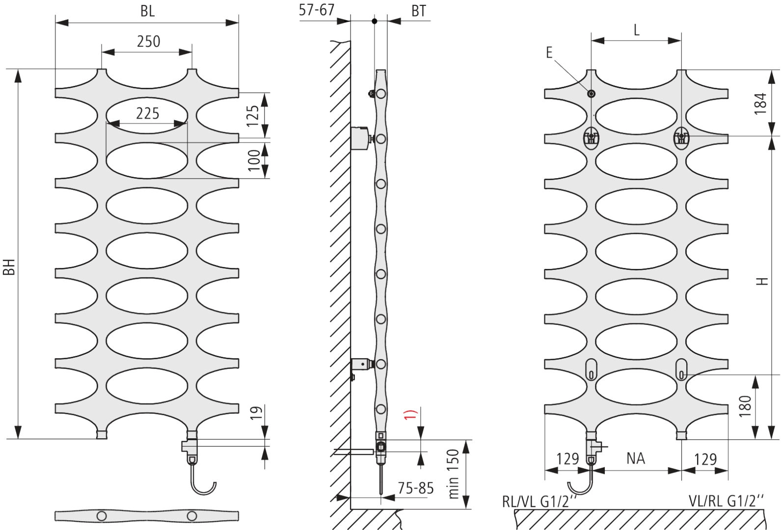 Kermi Design-Heizkörper „Ideos®“ Elektro-Zusatzbetrieb Ausführung: links 75,8 × 115,1 cm in Graphit Metallic