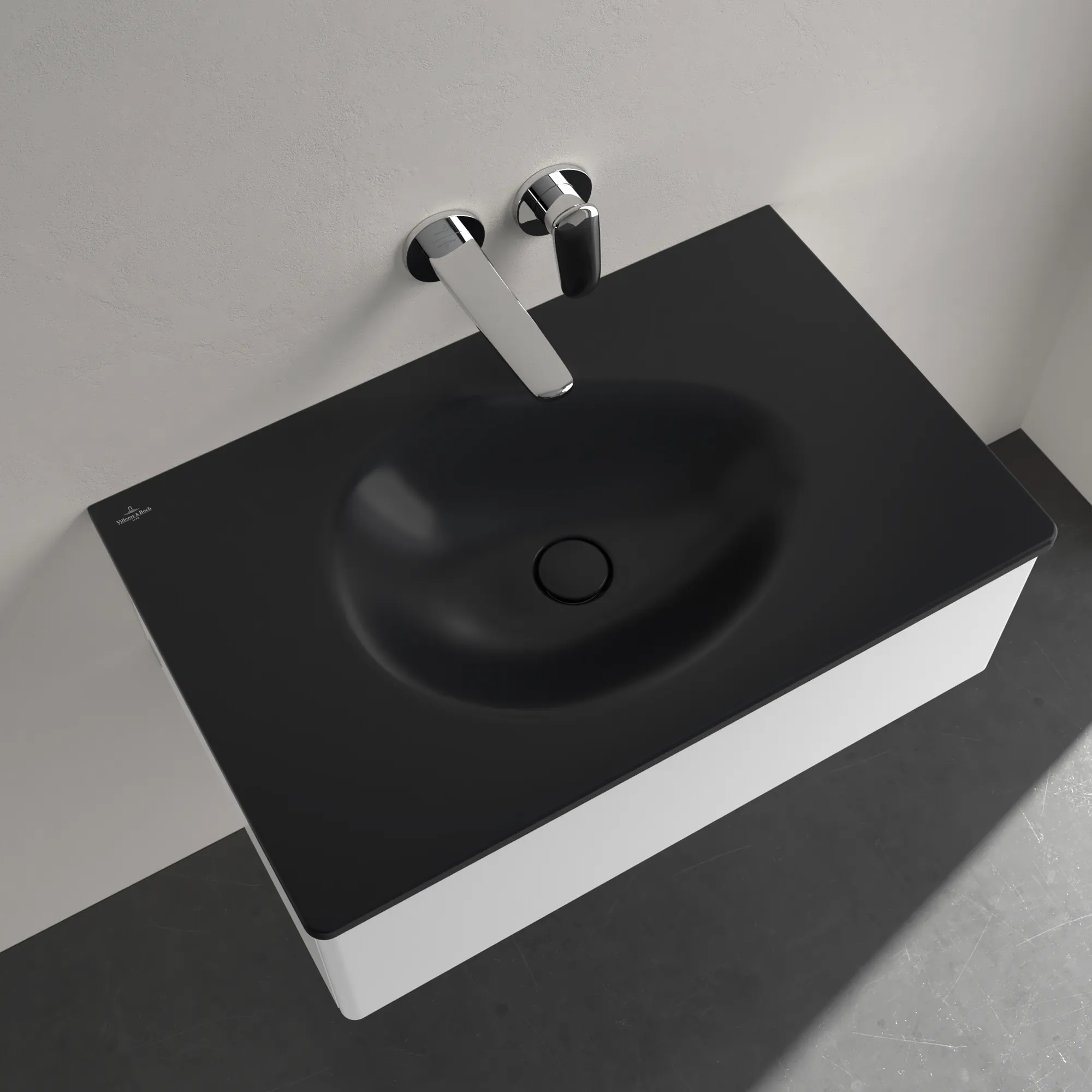 Villeroy & Boch Wandwaschtisch „Antao“ 800 × 500 × 180 mm, ohne Hahnlochbohrung, für Becken mittig in Pure Black Villeroy & Boch Wandwaschtisch „Antao“ 800 × 500 × 180 mm, ohne Hahnlochbohrung, für Becken mittig in Pure Black