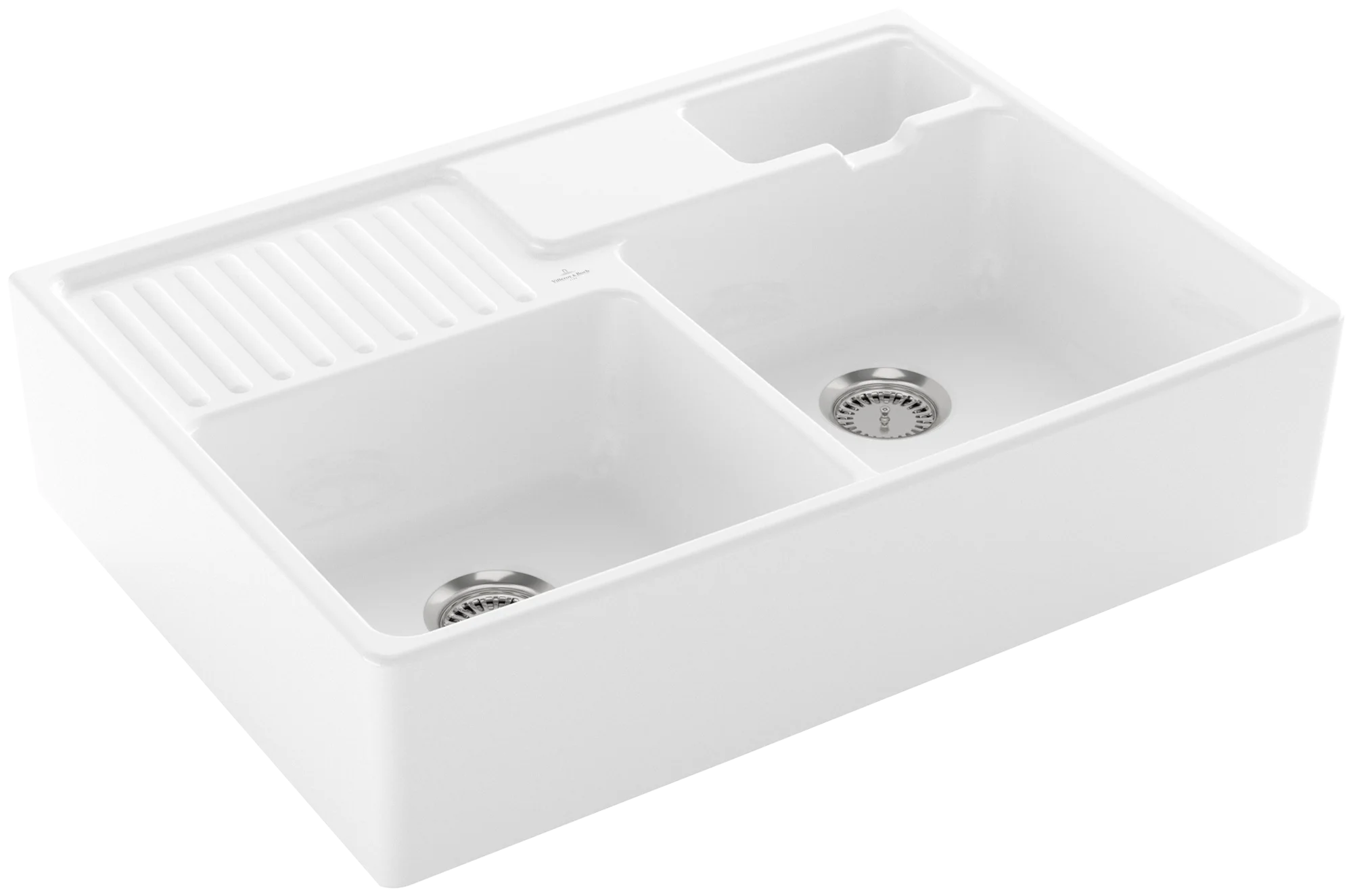 Villeroy & Boch Spülstein Doppelbecken 632391, 895 x 220 x 630 mm, inklusive Resteschale, Ablaufgarnitur mit Handbetätigung, Befestigungsset, aus Keramik, Snow White CeramicPlus