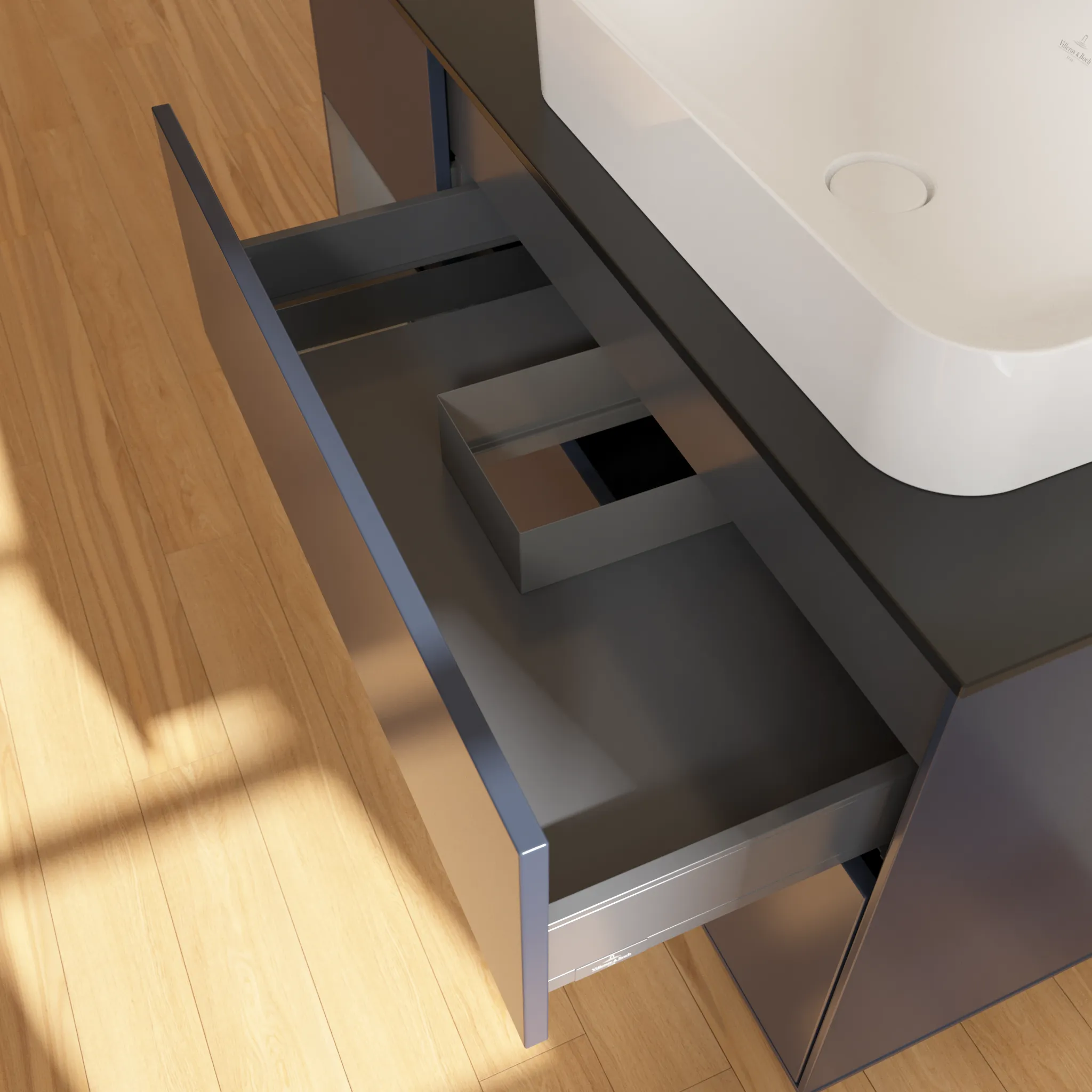 Villeroy & Boch Waschtischunterschrank „Finion“ für Schrankwaschtisch 1200 × 603 × 501 mm Midnight Blue Matt Lacquer, mit Hahnlochbohrung, für Becken rechts Villeroy & Boch Waschtischunterschrank „Finion“ für Schrankwaschtisch 1200 × 603 × 501 mm Midnight Blue Matt Lacquer, mit Hahnlochbohrung, für Becken rechts