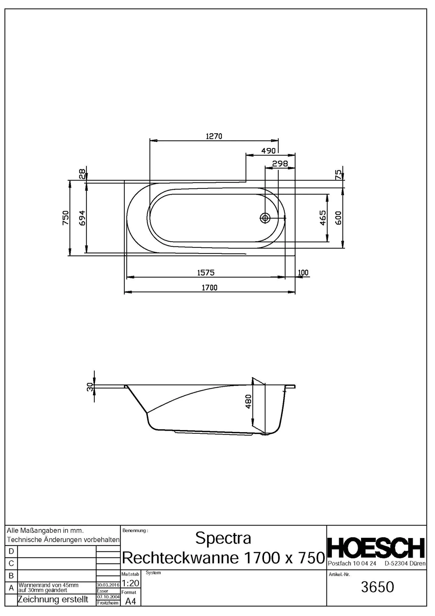 Hoesch Spectra Badewanne 1700x750 Weiß Hoesch Spectra Badewanne 1700x750 Weiß