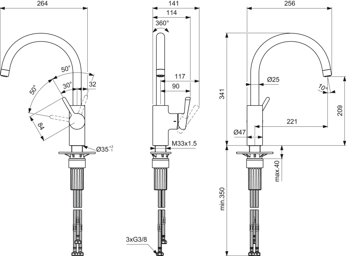 Ideal Standard Einhand-Küchenarmatur „Ceralife“ Ausladung 221 mm Ideal Standard Einhand-Küchenarmatur „Ceralife“ Ausladung 221 mm