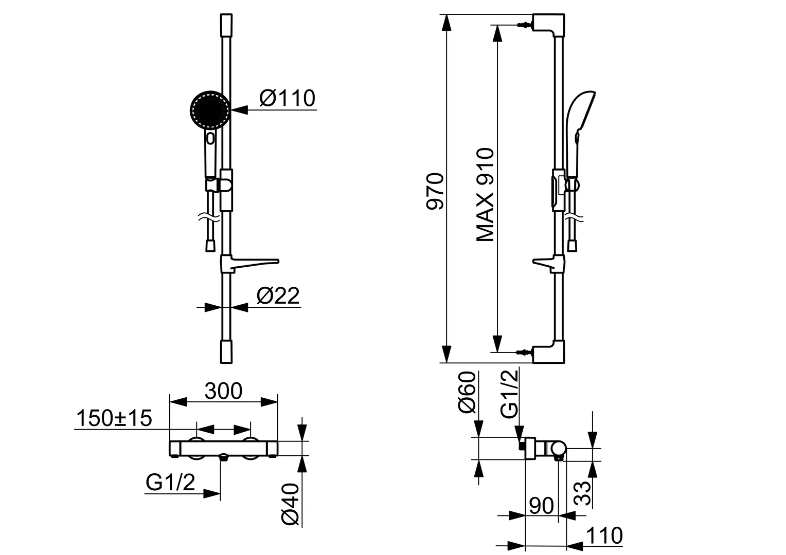 HansaPRISMA Duscharmatur, Wandmontage, Thermostat, Stahl gebürstet, 3-strahlig, H=970mm HansaPRISMA Duscharmatur, Wandmontage, Thermostat, Stahl gebürstet, 3-strahlig, H=970mm