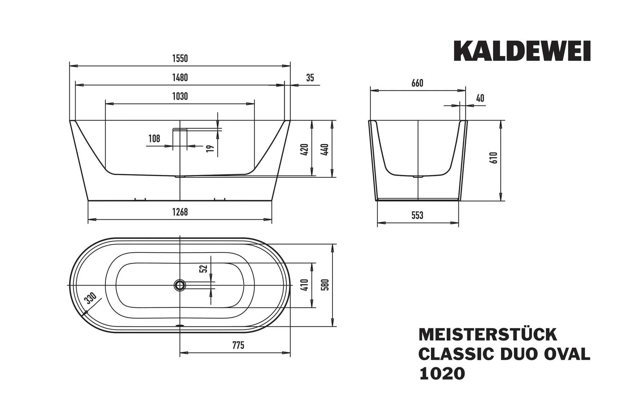 Kaldewei MEISTERSTÜCK CLASSIC DUO OVAL Badewanne, alpinweiß, oval, 1550 x 660 mm, freistehend mit mittigem Ab- und Überlaufdeckel