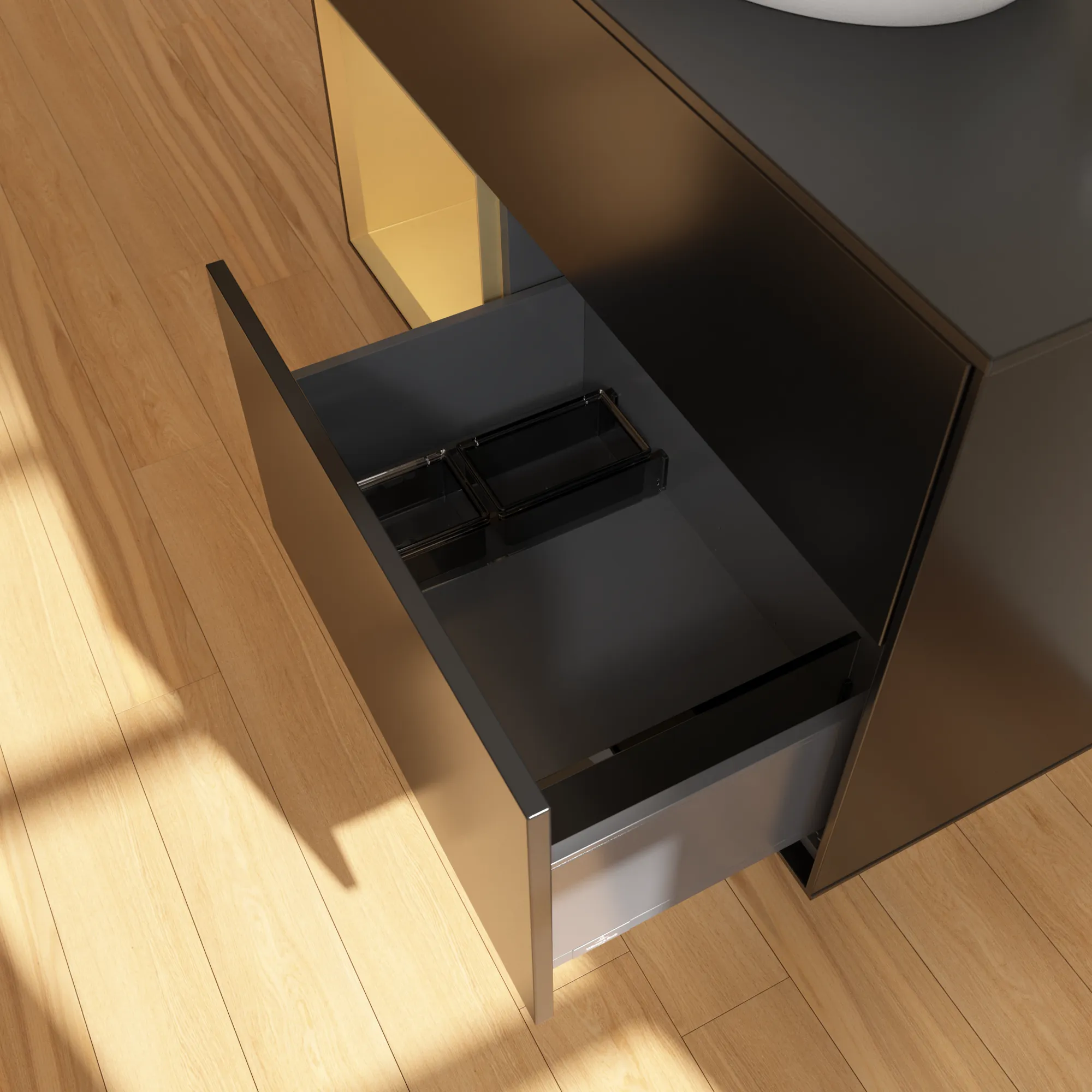 Villeroy & Boch Waschbeckenunterschrank Finion F89, 1000x603x501 mm, Black Matt Lacquer mit Gold Regal, Beleuchtung dimmbar, Push-to-open, SoftClosing