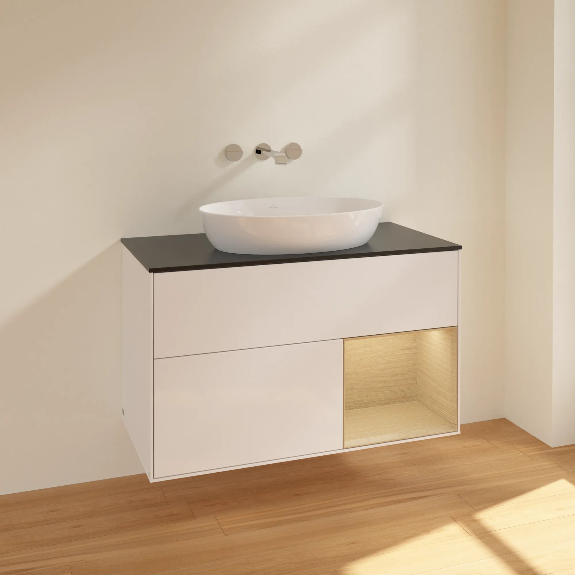 Villeroy & Boch Finion FA2 Waschbeckenunterschrank, 1000 x 603 x 501 mm, Glossy White Lacquer / Oak Veneer / Glass Black Matt