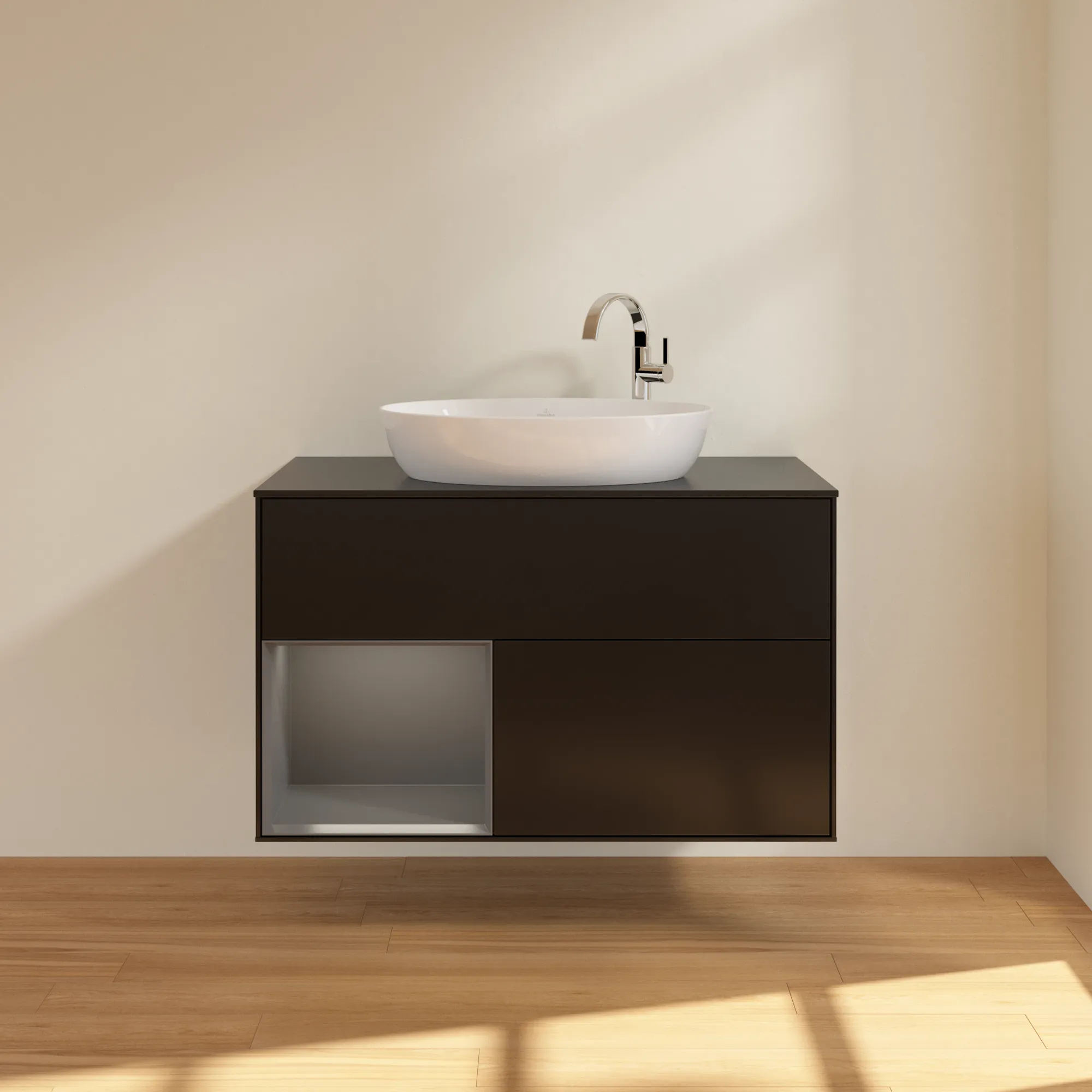 Villeroy & Boch Waschbeckenunterschrank Finion G89, 1000 x 603 x 501 mm, Black Matt Lacquer, mit Beleuchtung und Push-to-open Funktion