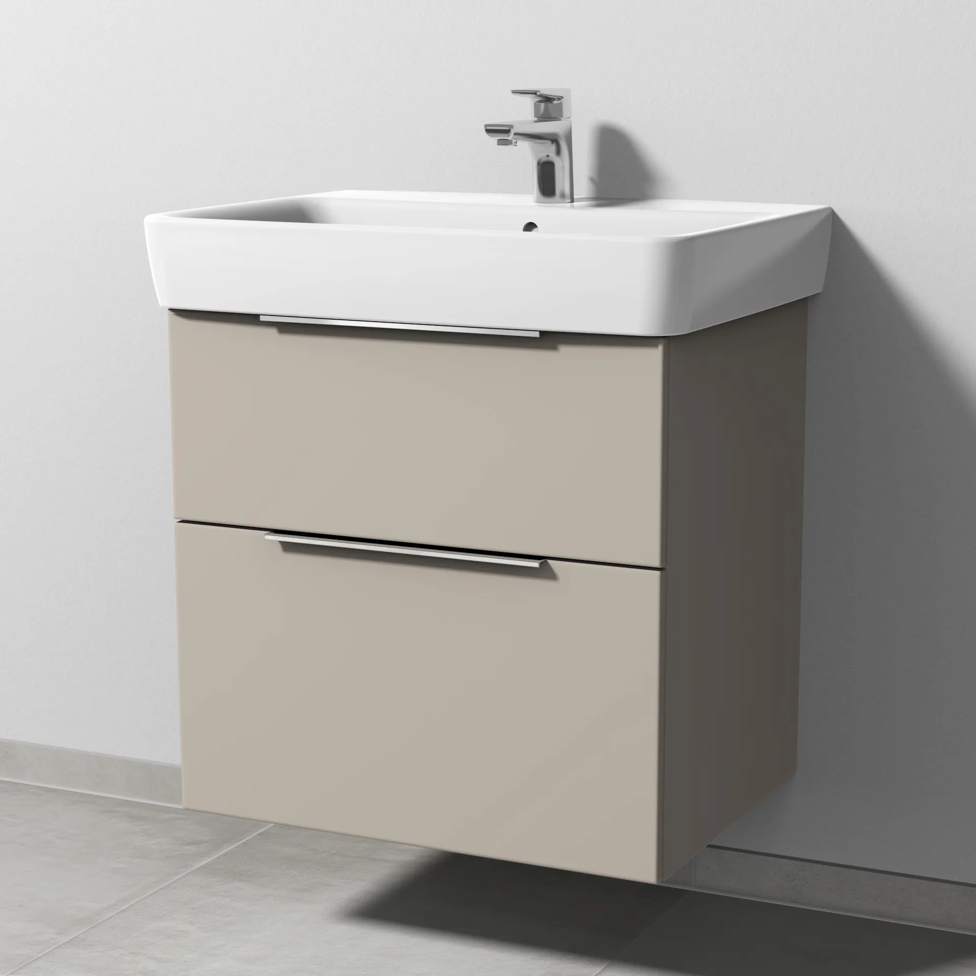 Sanipa Waschtischunterschrank „3way“ passend zu Keramik-Waschtische Renova Plan von Geberit 590 × 588 × 407 mm in Kaschmir (matt), Becken mittig
